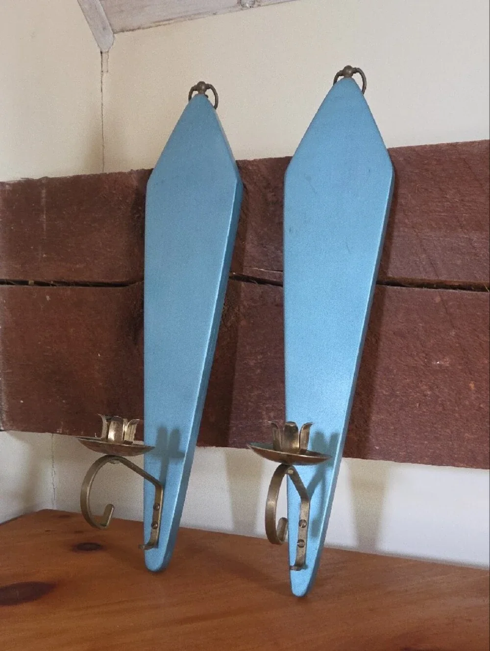 Set Of Mid- Century Vintage Blue Wooden Wall Sconce with Brass Candle Holders